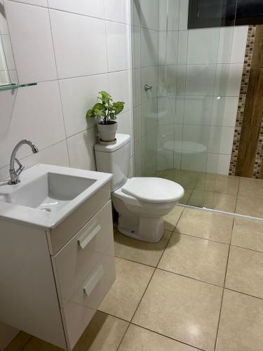 a bathroom with a toilet and a sink and a plant at Casa do Rio in Morretes