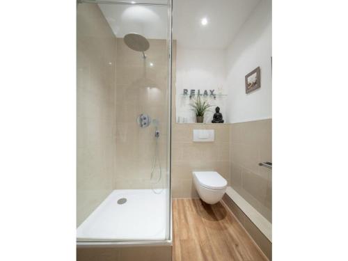 a bathroom with a shower and a toilet at Strandburg "Aquamarin" 01 a in Burgtiefe auf Fehmarn 