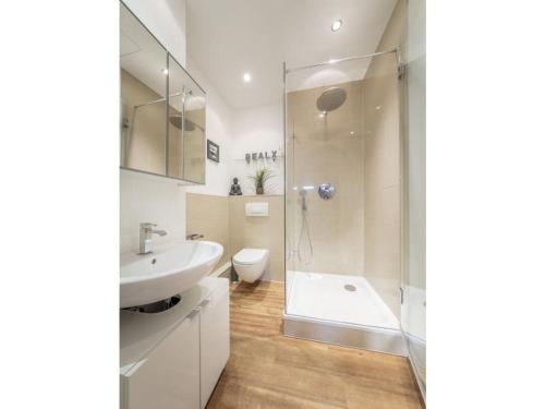 a bathroom with a shower and a sink and a toilet at Strandburg "Tiefblau" 01 b in Burgtiefe auf Fehmarn 