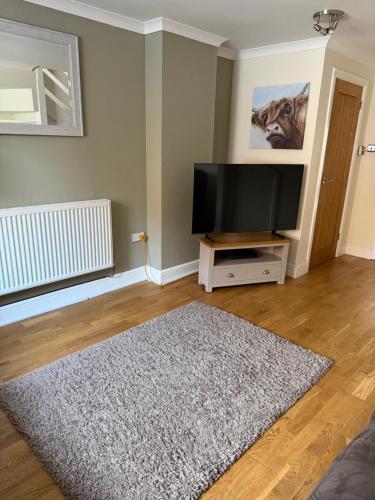 a living room with a flat screen tv and a rug at 2 Bed Fully Furnished House In Milford Haven in Milford Haven