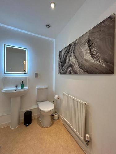 a bathroom with a toilet and a sink and a painting at Central Hemel 2-Bed Flat with Secure Parking in Hemel Hempstead
