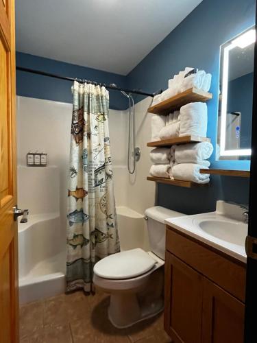 a bathroom with a toilet and a shower curtain at Papa Chubbys RV Resort in Sunrise Beach