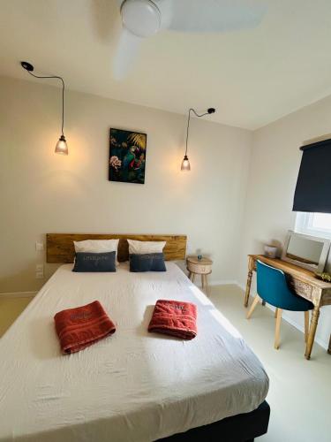 a bedroom with a bed with two red pillows on it at Le joyau de Pinel in Saint Martin