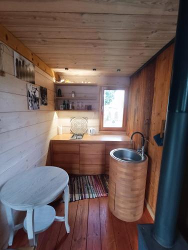 a small kitchen with a sink and a table at Brīvdienu Māja Martz in Engure
