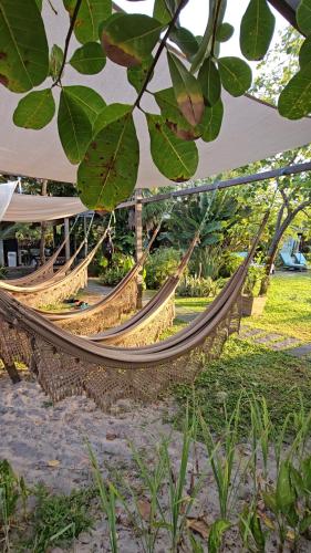 a row of hammocks under a tent on a beach at Vila das Águas in Atins