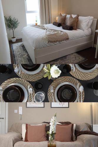 a bedroom with a bed and a room with a couch at Quayside Nest - Central Newcastle Apartment with Free Private Parking in Newcastle upon Tyne