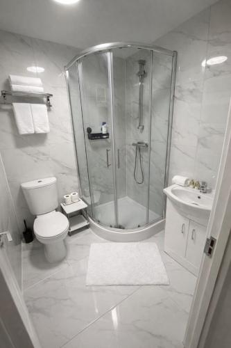 a bathroom with a shower and a toilet and a sink at Mary House London in Edmonton