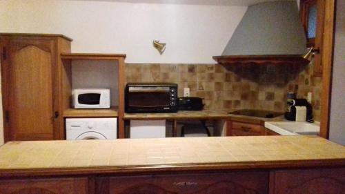 une cuisine avec un micro-ondes et une cuisinière four supérieur dans l'établissement La Capelette, à Ax-les-Thermes