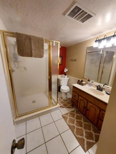 a bathroom with a shower and a sink and a toilet at Beautiful Country Location in Harrisville