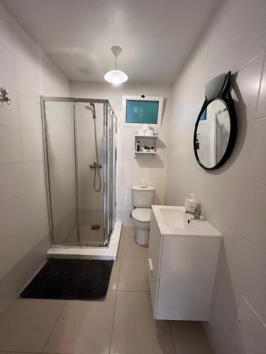 a bathroom with a shower and a toilet and a sink at Latin House in Funchal