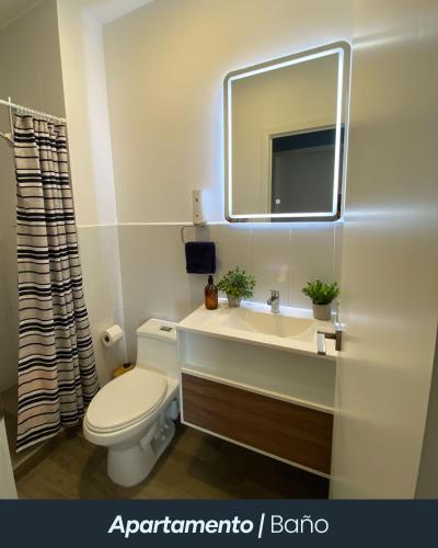 a bathroom with a toilet and a sink and a mirror at Narama 1 - Apartamento cerca del aeropuerto - Zona 13 de la Ciudad de Guatemala in Estación Pamplona