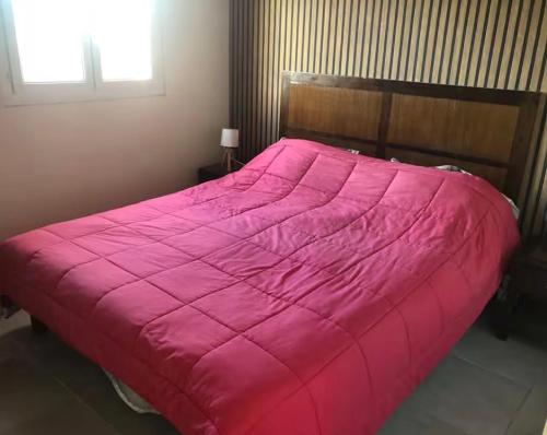a large pink comforter on a bed in a bedroom at Gîte Ruoms in Ruoms