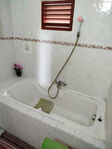 a bath tub in a bathroom with a hose at Le petit couin des voyageurs in Bouillante