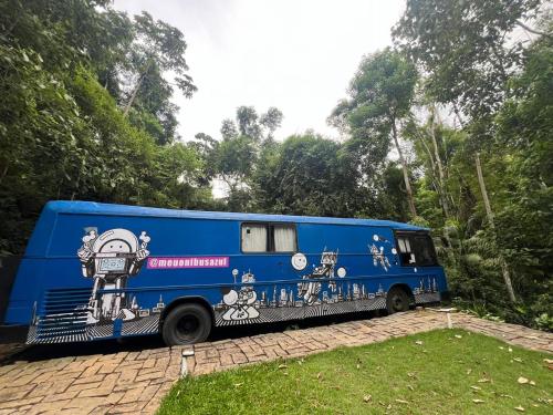 a blue bus with cartoon characters painted on it at Ônibus Azul - Experiência de Hospedagem em Domingos Martins in Domingos Martins