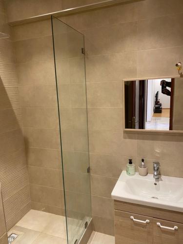 a bathroom with a shower and a sink at Miloche home in Oulad Akkou