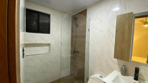 a bathroom with a shower and a toilet and a sink at Apartamento San Pedro Colonial in San Pedro de Macorís