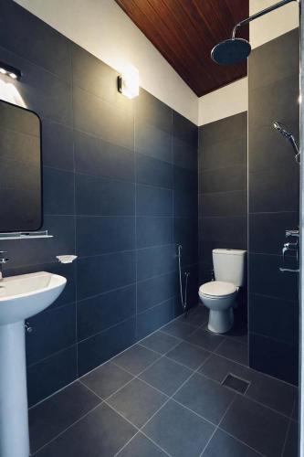 a blue bathroom with a toilet and a sink at ARHH castle in Ginigathena