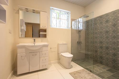 a bathroom with a toilet and a sink and a shower at Amarea Beach Front Appartment or Studio in Richeterre
