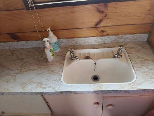 a sink in a bathroom with a counter top at Steve's Cozy Retreat in Taupo