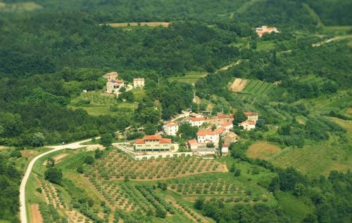 an aerial view of a house on a hill at al Merlo Olivo, rural istrian house in Buje