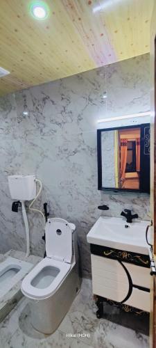 a bathroom with a toilet and a sink at Hikal Guest House in Gilgit