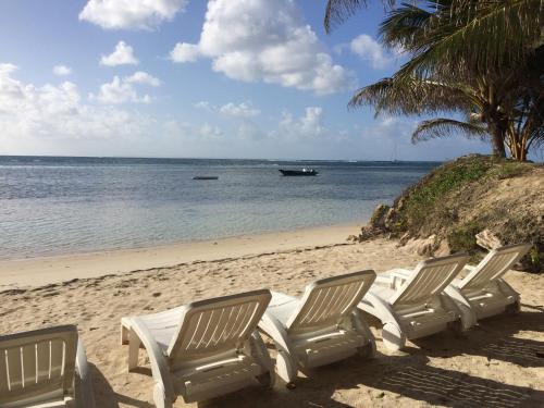 a row of lawn chairs on a beach at Be On The Beach in Sainte-Anne