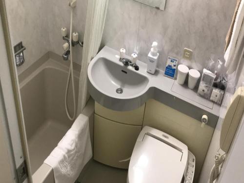 a small bathroom with a sink and a toilet at APA Hotel Fujichuo in Fuji