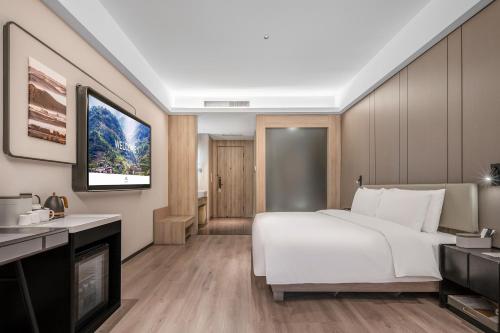 a hotel room with a bed and a television at 成都高新天府三街亚朵酒店 in Chengdu