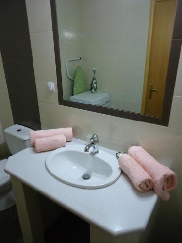 a bathroom sink with pink towels and a mirror at Vetsa's Experience in Tolo