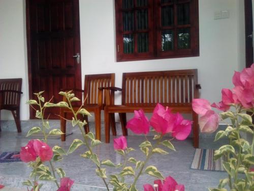 two wooden chairs and pink flowers in a room at Radha Tourist Home in Polonnaruwa
