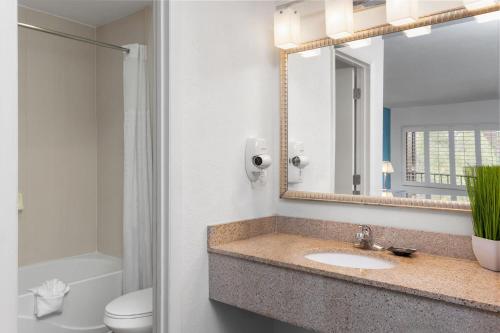 a bathroom with a sink and a toilet and a mirror at PaddleTail Waterfront Lodge, Trademark Collection by Wyndham in Crystal River
