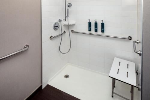 a bathroom with a shower stall with a tub at Hilton Albany in Albany