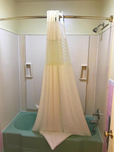 a shower curtain in a bathroom with a tub at Shamrock Country Inn in Shamrock
