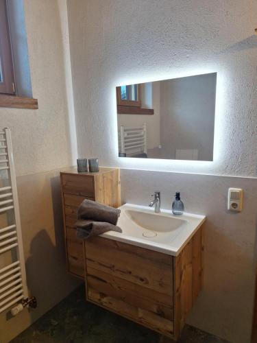 a bathroom with a sink and a mirror at Winklern Appartment Wildschütz in Kitzbühel