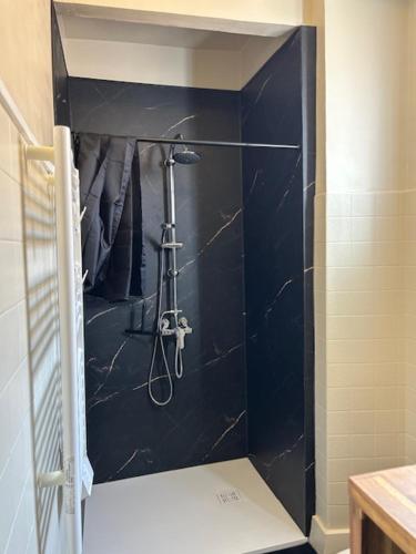 a shower in a bathroom with a black wall at Le charme de Collioure in Collioure