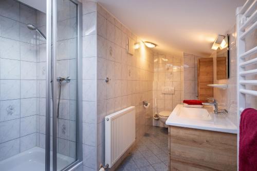 a bathroom with a shower and a sink and a toilet at Bauernhof Grafenhof in Ebbs