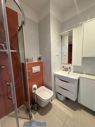 a bathroom with a toilet and a sink and a shower at Apartmani Luce in Zadar