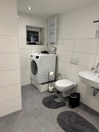 a bathroom with a washing machine and a toilet at LMB stays in Recklinghausen