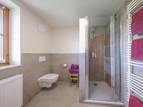 a bathroom with a toilet and a shower with purple towels at Sailerhof Gramminger in Taching am See