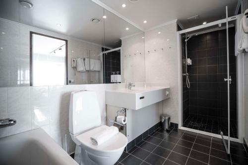 a bathroom with a toilet and a sink and a shower at Scandic Star Sollentuna in Sollentuna