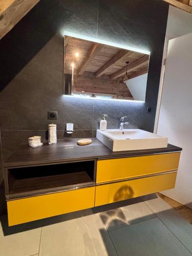 a bathroom with a sink and a mirror at Chez Eugénie et Alphonse in Niedermorschwihr