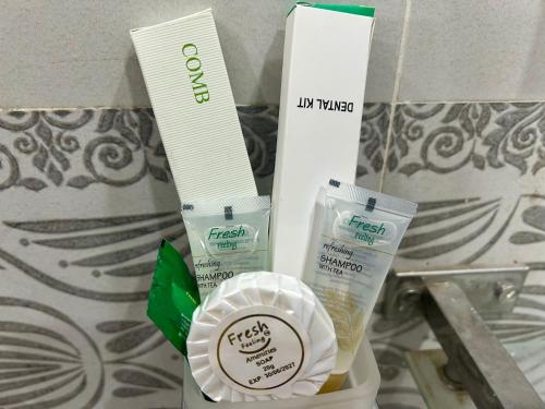 a group of products sitting on top of a counter at Sribhumi Homestay in Sreemangal