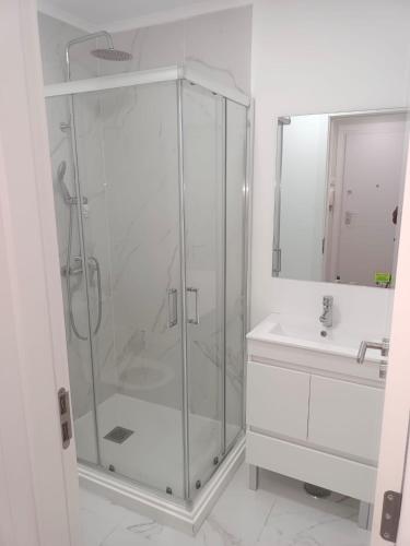 a bathroom with a glass shower and a sink at Apartamento Cassoma in Amadora