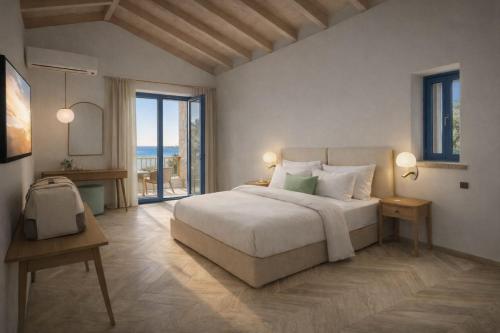 a bedroom with a large bed and a large window at Thirides Beach Resort in Gythio
