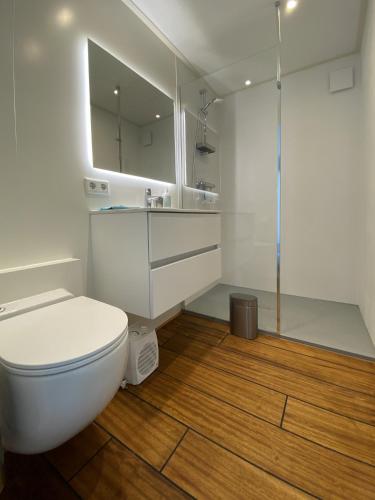 a white bathroom with a toilet and a mirror at Houseboat Robbedoes in Offingawier