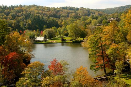 a view of a lake in the middle of a forest at Cliff Dwellers Inn in Blowing Rock