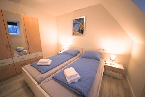 two beds in a room with blue sheets and towels at Schleiblick App 5 in Rabenkirchen-Faulück