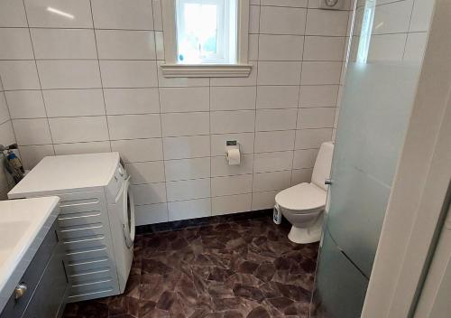a bathroom with a toilet and a sink and a window at Djup in Brevens Bruk