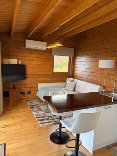 a room with a couch and a table and a bed at Sunset Eco Shelter 1 in Ponta do Pargo