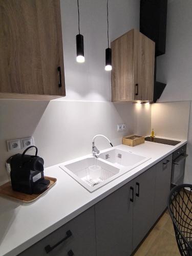 a kitchen with a white sink and wooden cabinets at CONSTA Luxury House in Mantamádos